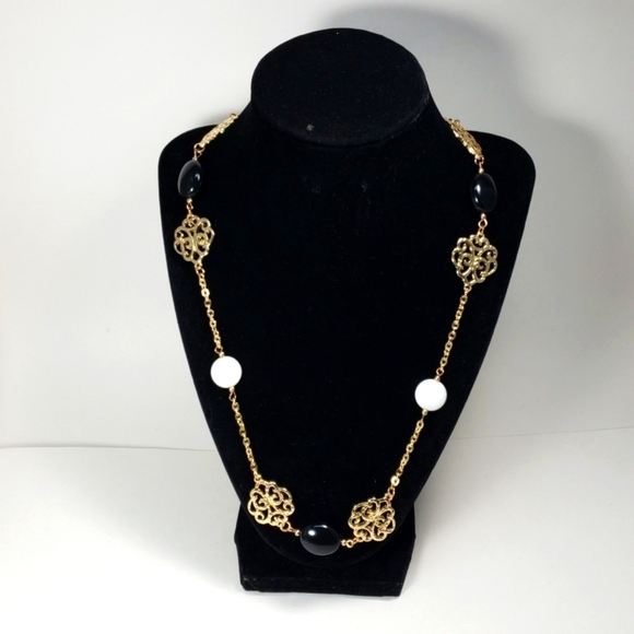 Women's Gold Statement 38" Long Necklace w/ Black, White Beads & Filigree Discs - Picture 5 of 6